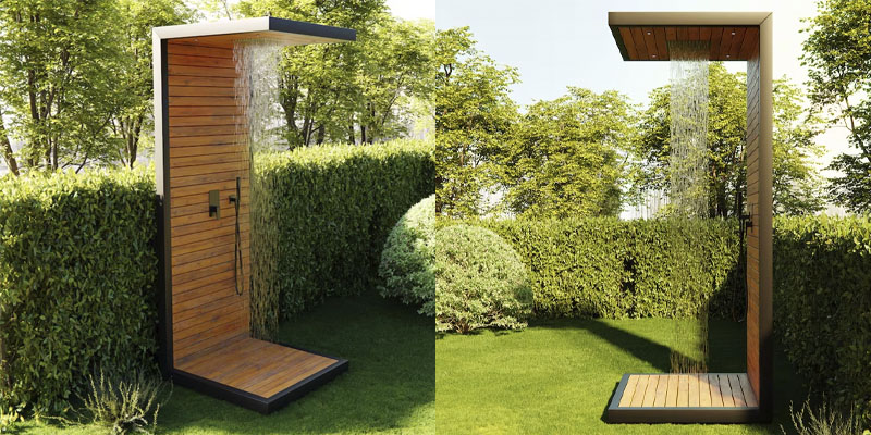 Ducha exterior autoportante de acero y madera, en un jardín privado